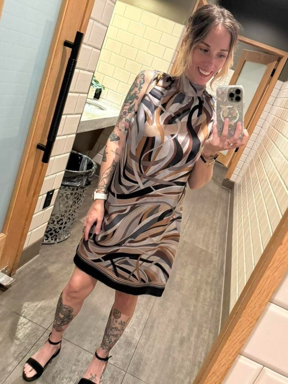 Vintage Italian Silk Sleeveless Abstract Print Shift Dress‎ in Brown and Black
